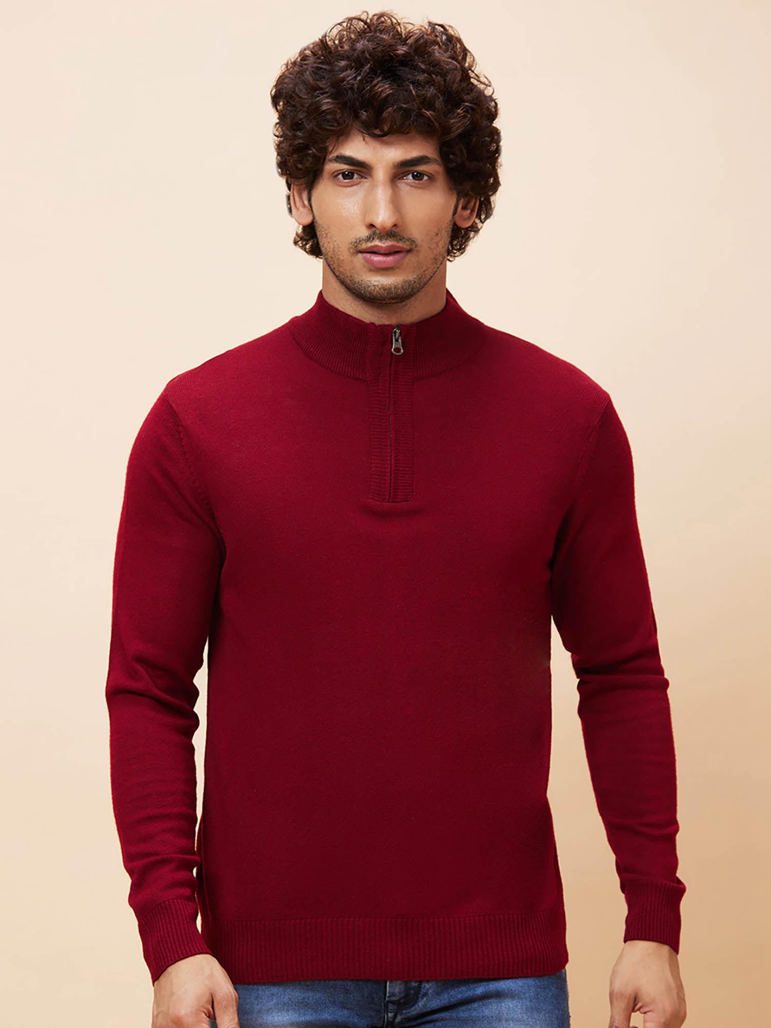 men maroon solid casual pullover sweater