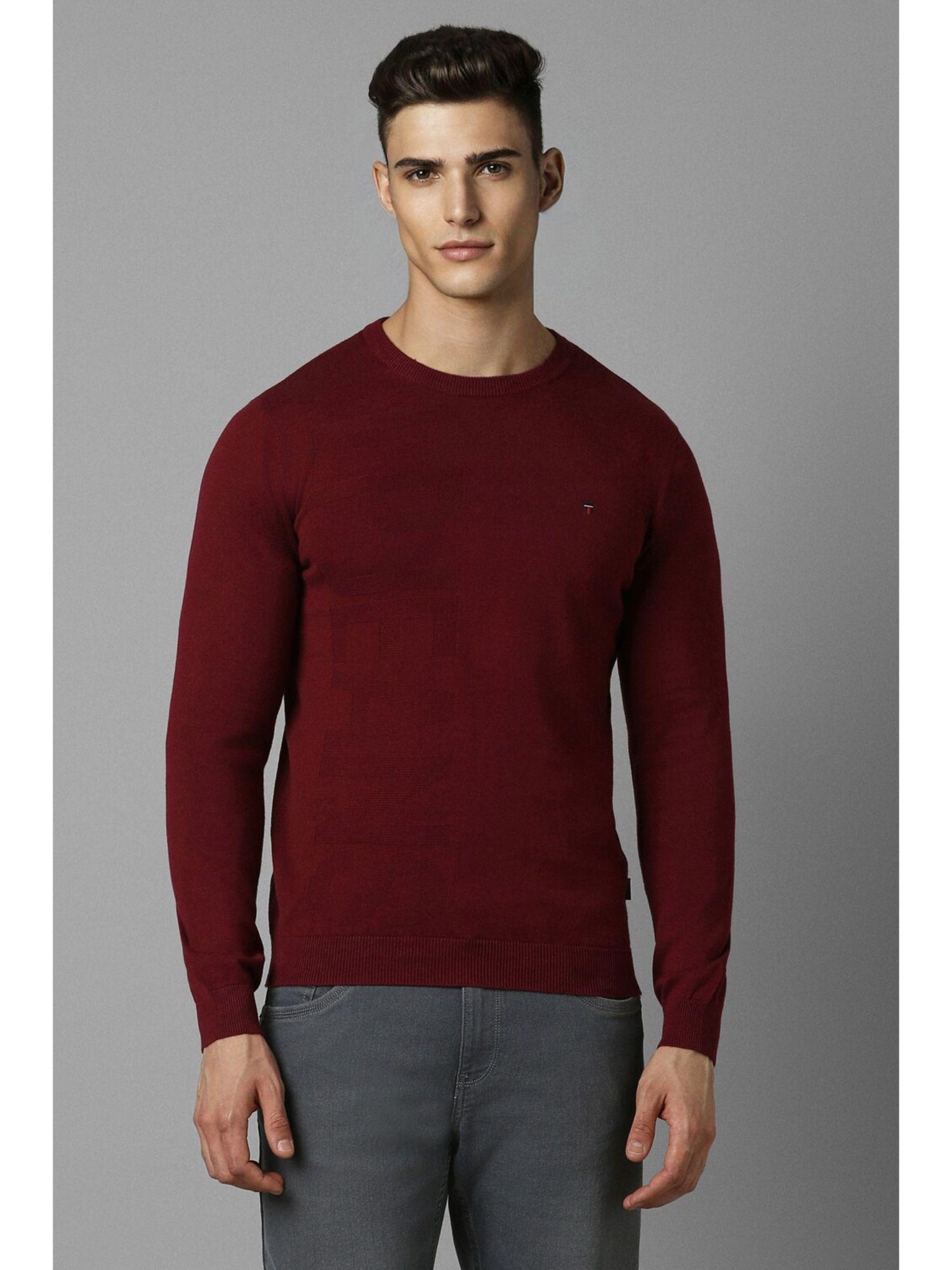 men maroon solid crew neck full sleeves sweater
