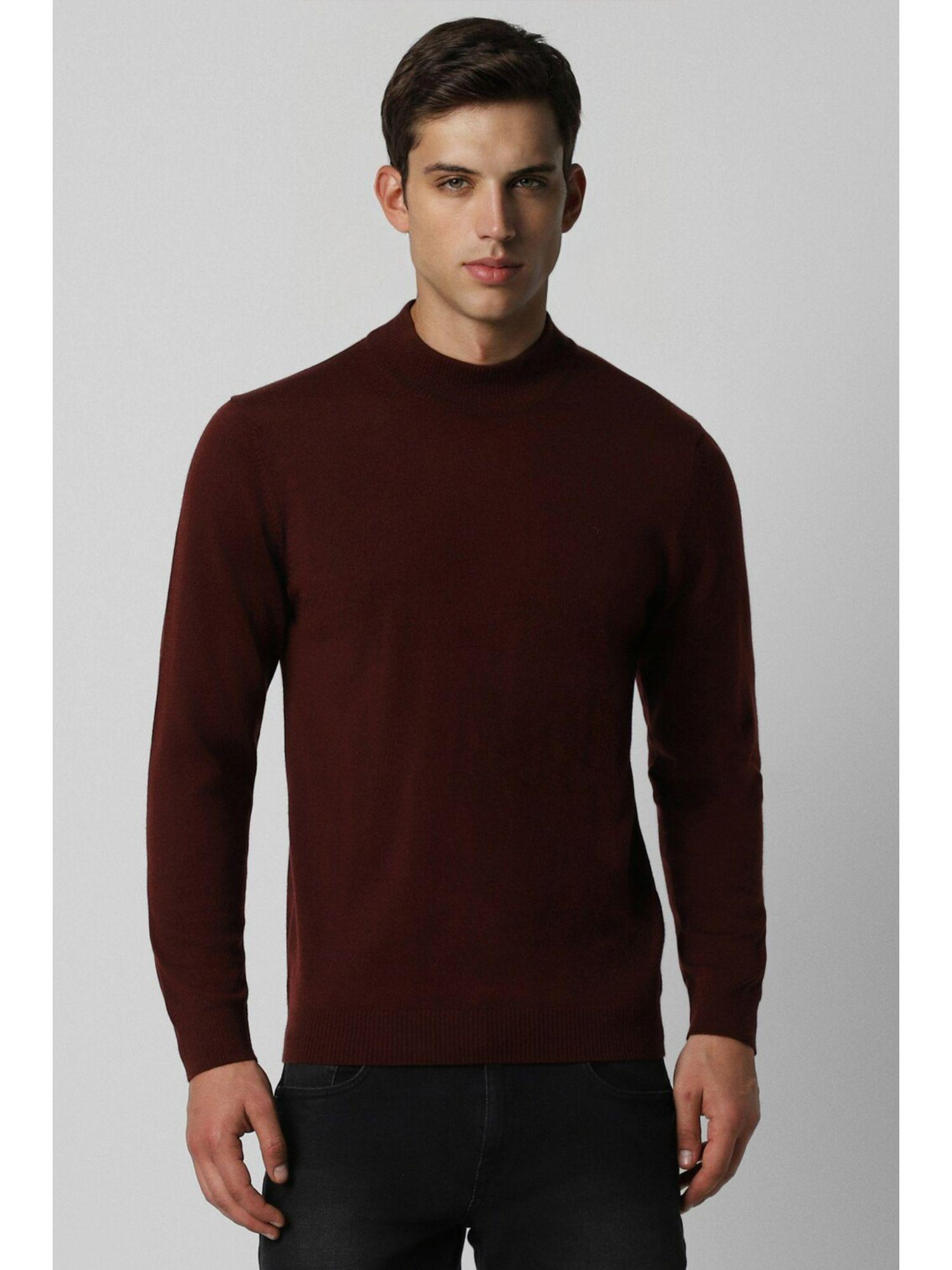 men maroon solid high neck sweater