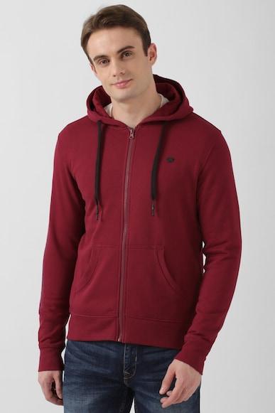 men maroon solid hooded neck sweatshirt