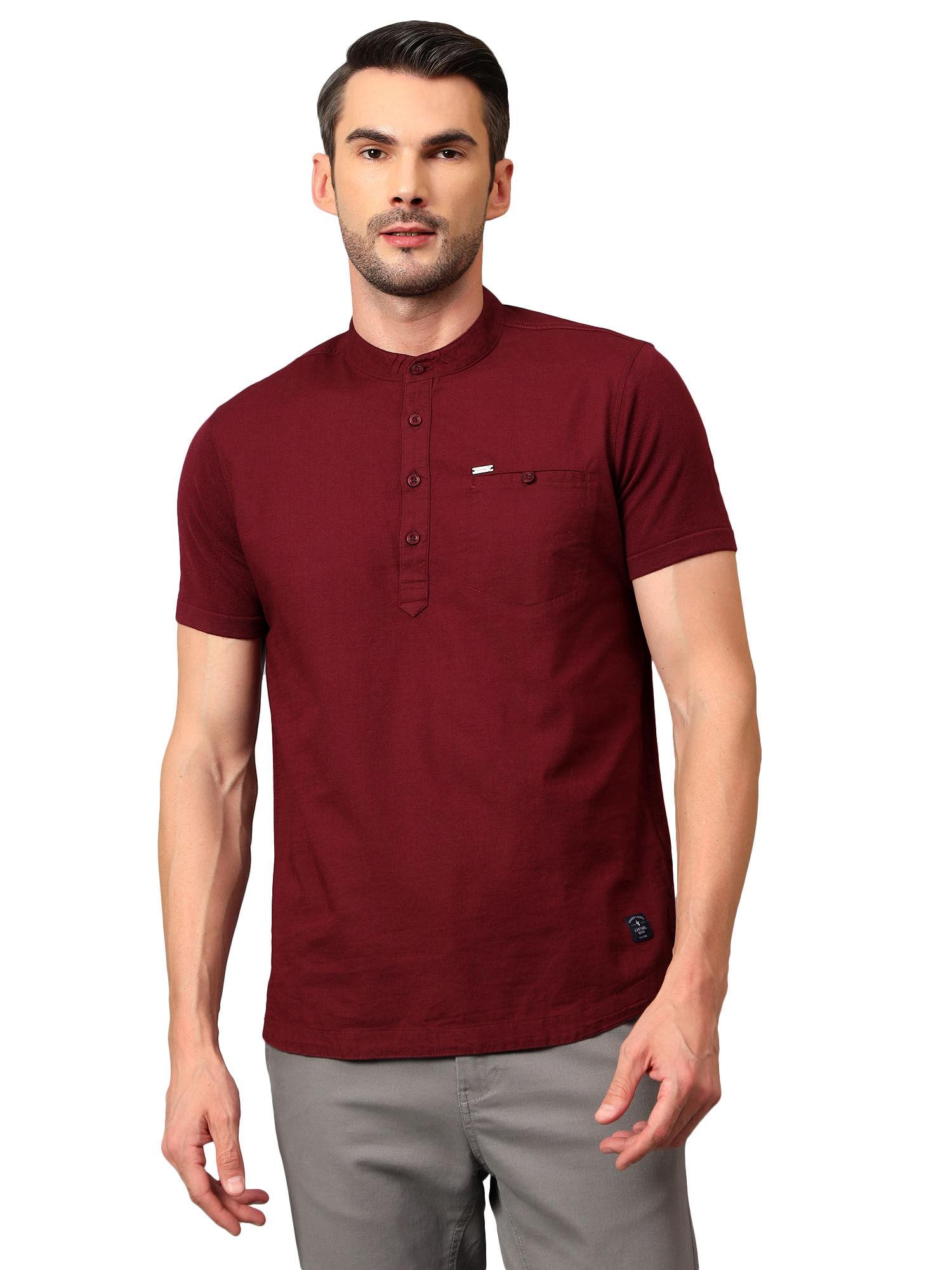 men maroon solid mandarin collar half sleeves kurta