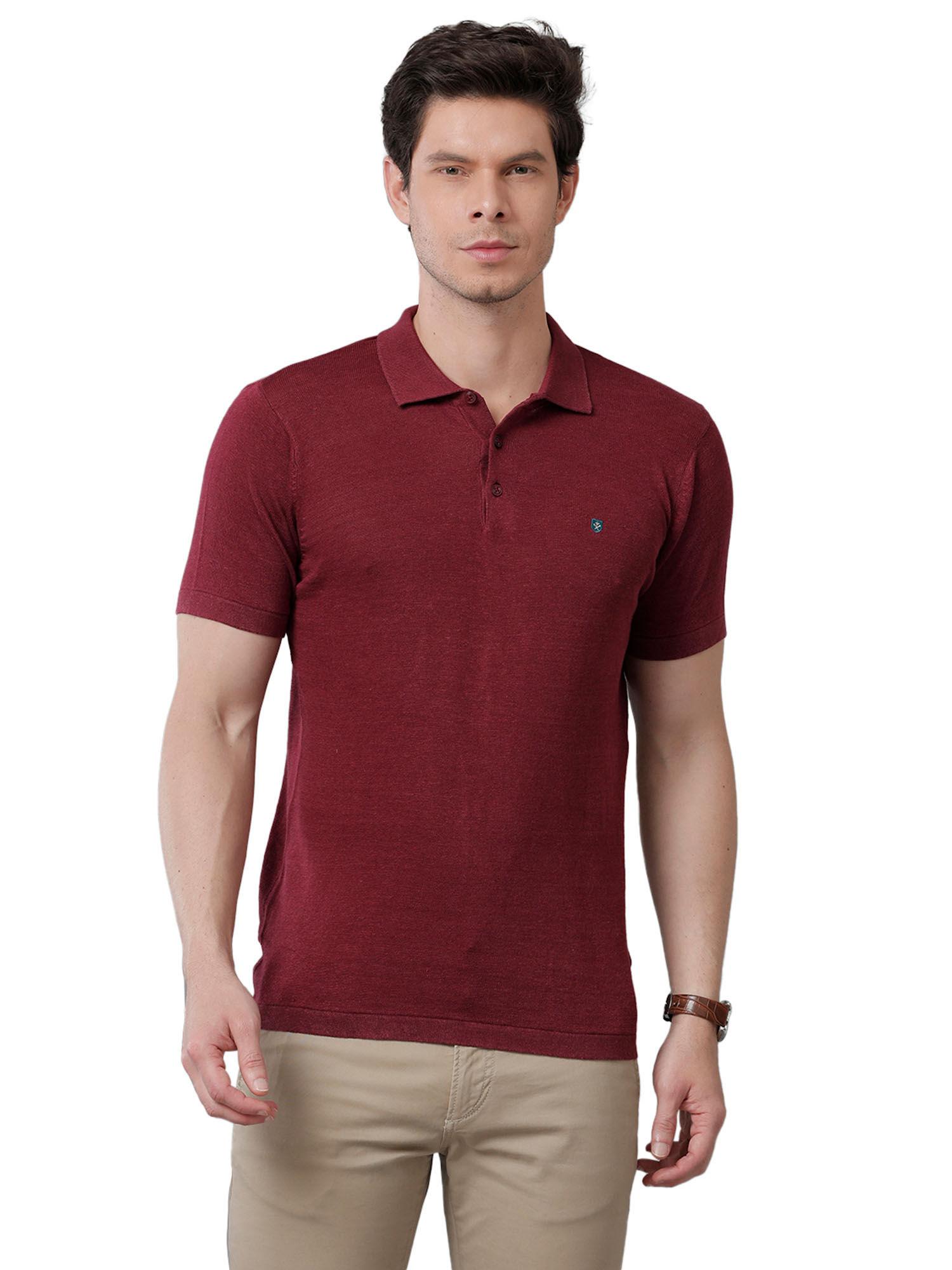 men maroon solid polo collar linen knitted t-shirt