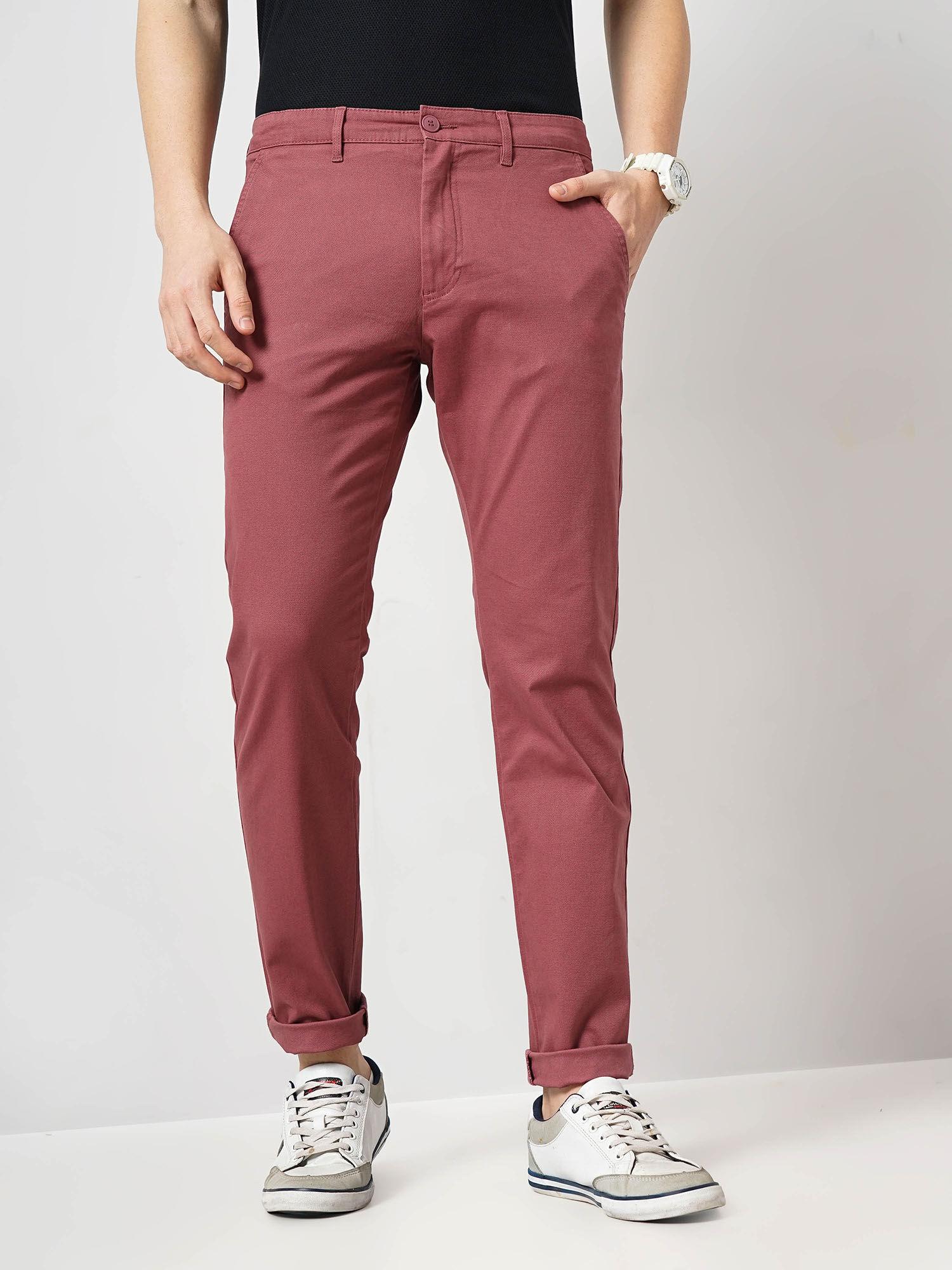 men maroon solid slim fit cotton basic casual trouser