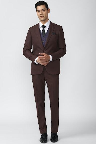 men maroon solid slim fit wedding three piece suit