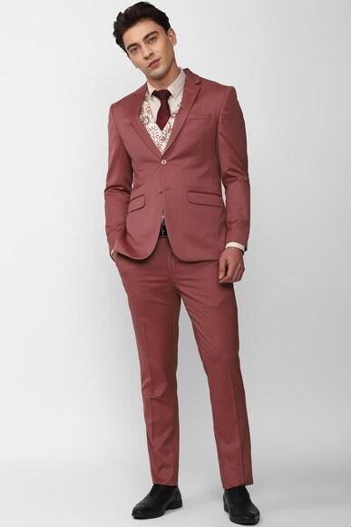 men maroon solid slim fit wedding three piece suit