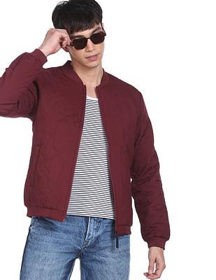 men maroon solid stand collar bomber jacket