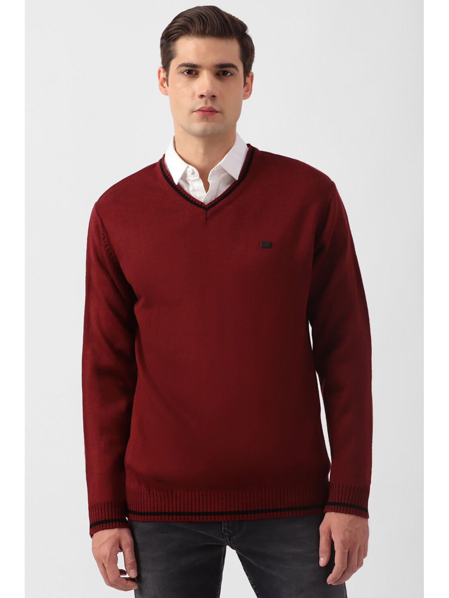 men maroon solid v neck sweater