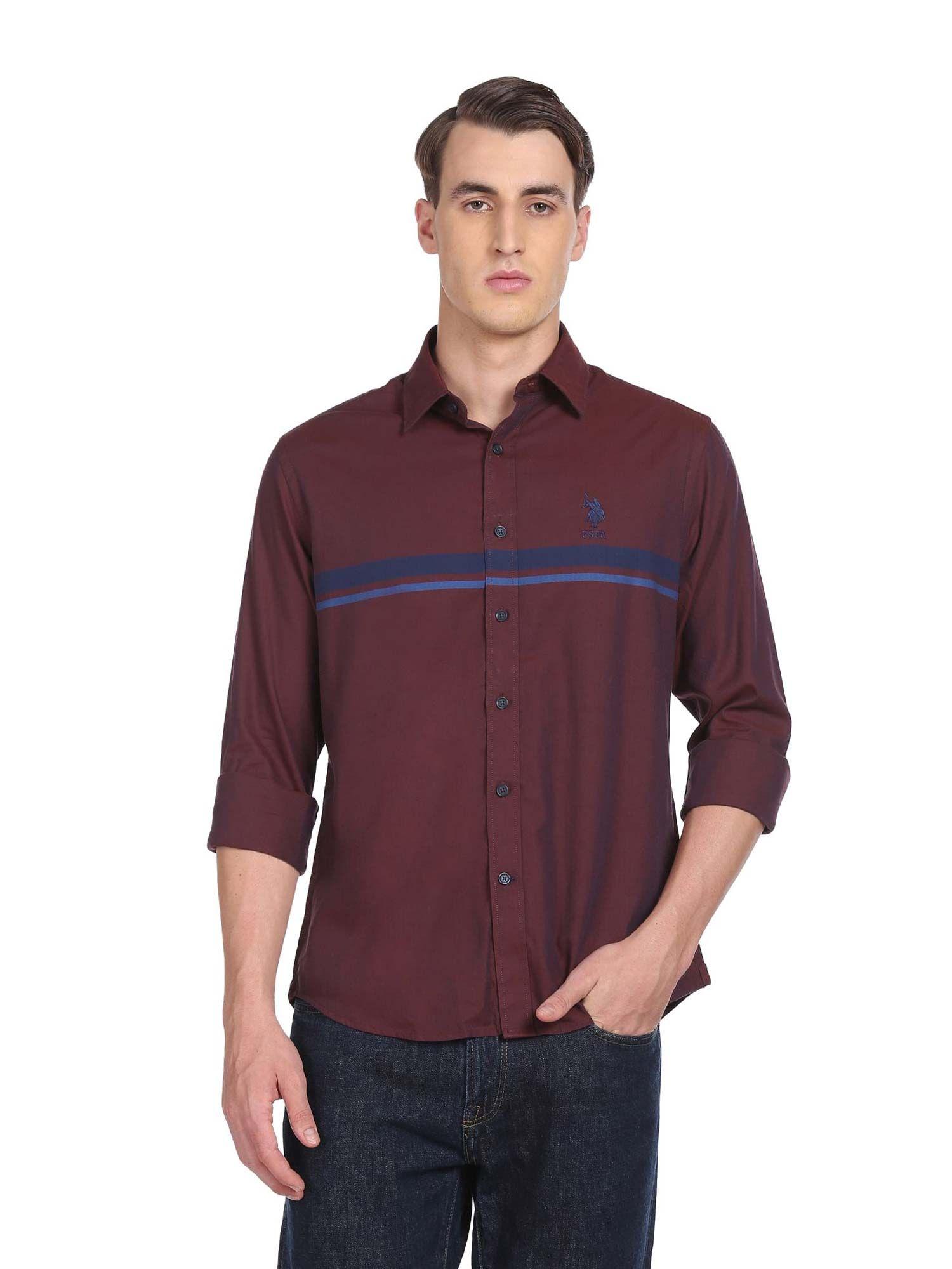 men maroon spread collar cotton striped casual shirt