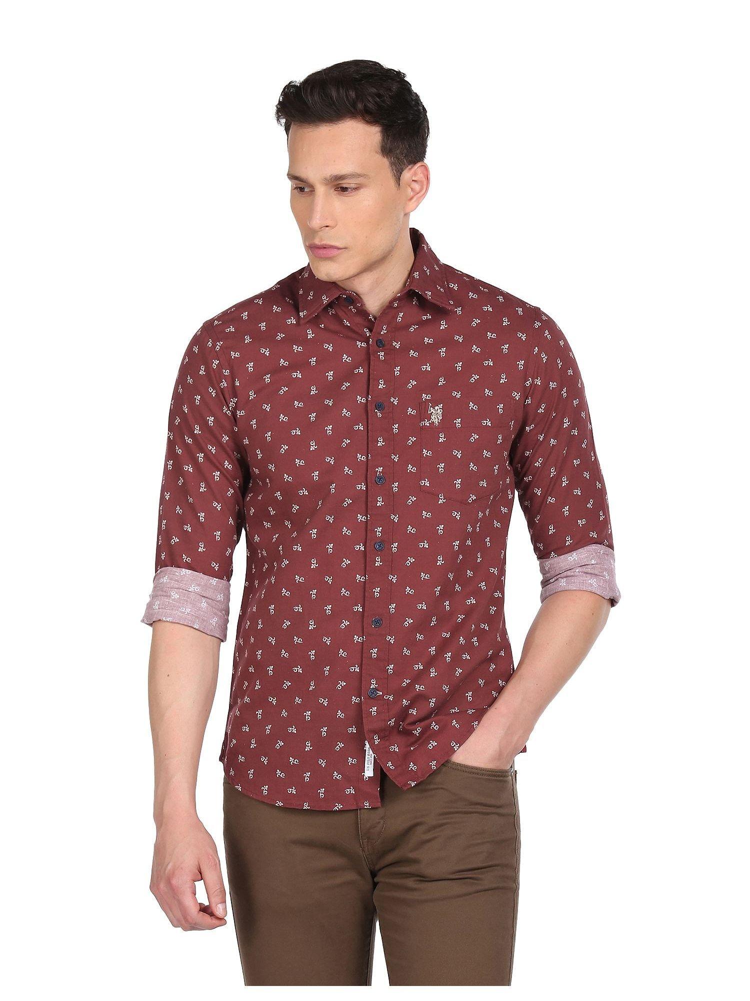 men maroon spread collar printed casual shirt