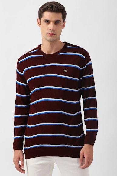 men maroon stripe crew neck sweater