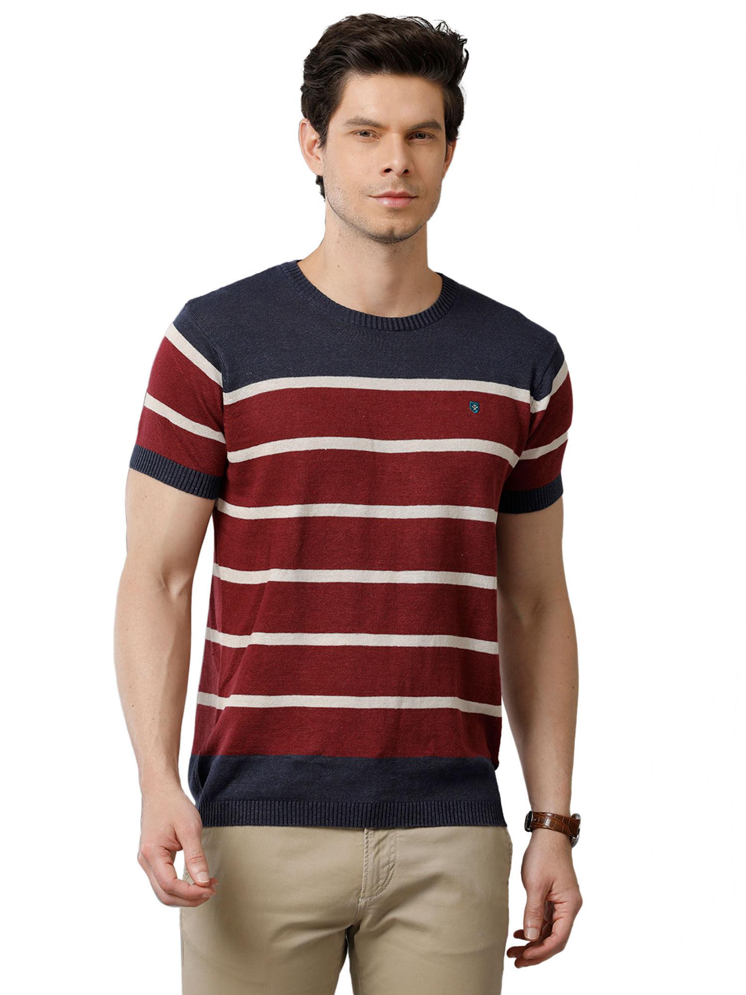 men maroon striped round neck linen knitted t-shirt