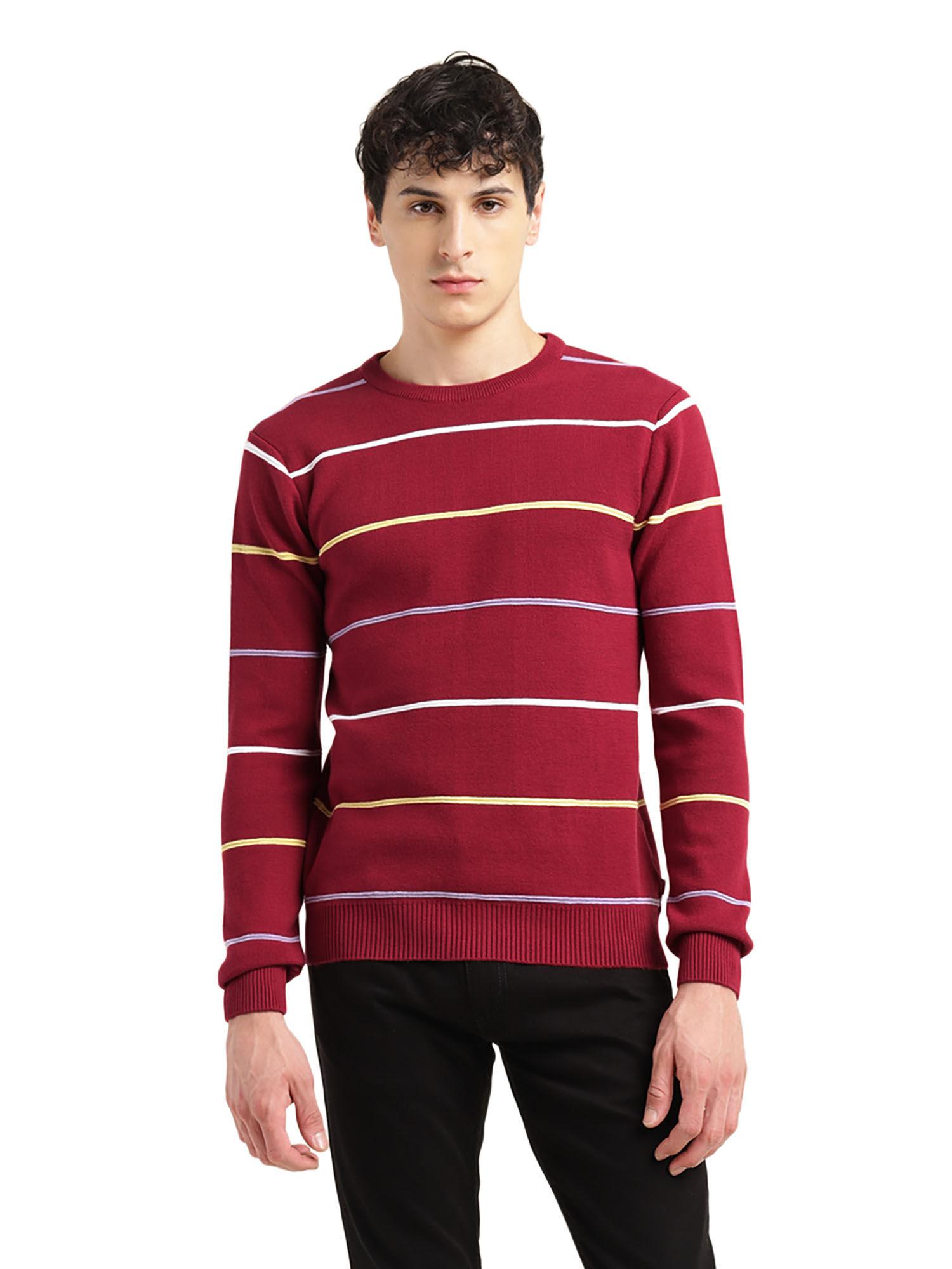 men maroon stripes regular fit sweater