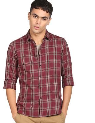 men maroon tartan check cotton casual shirt