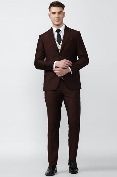 men maroon textured slim fit formal three piece suit