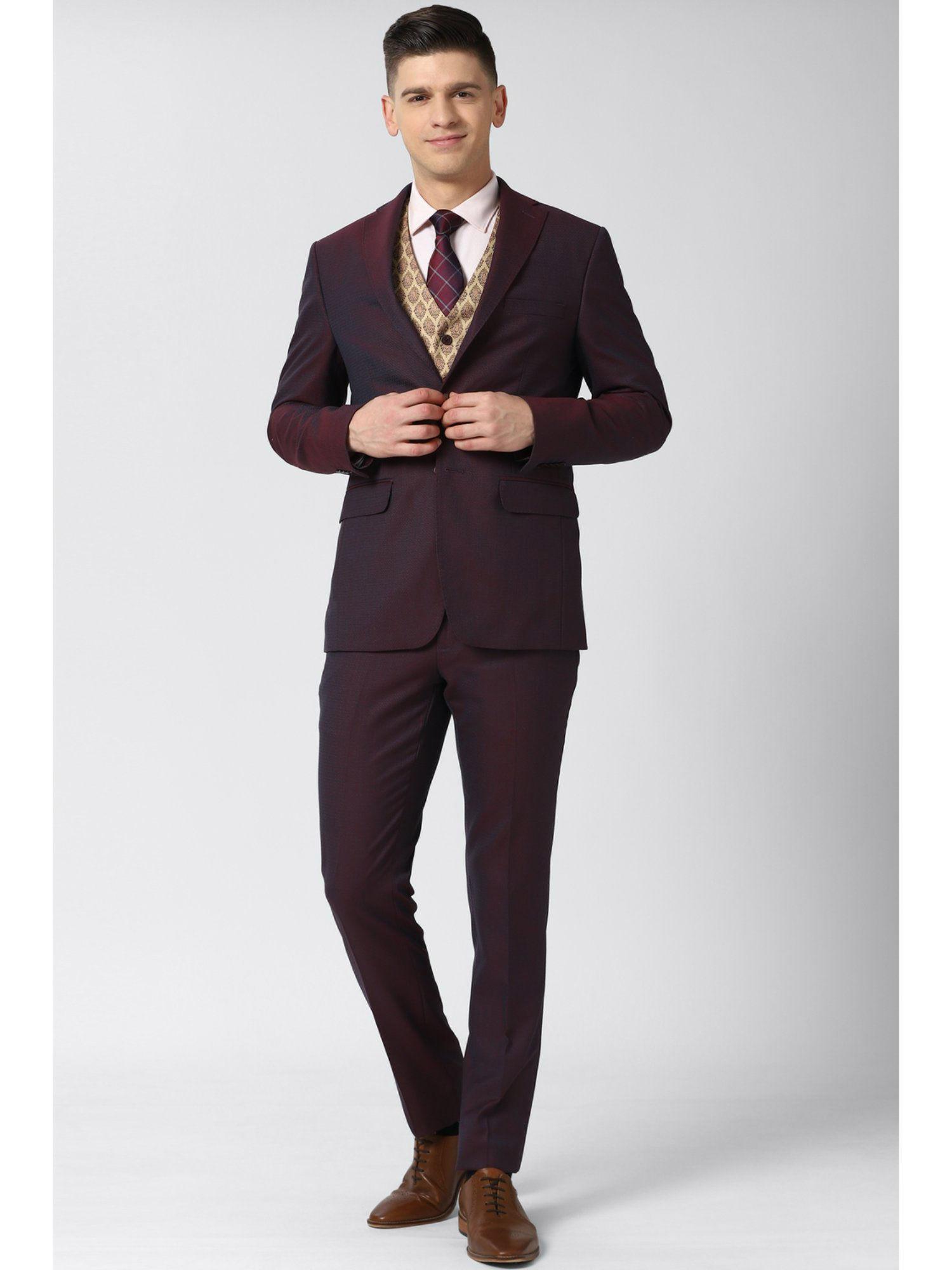 men maroon textured slim fit wedding suit (set of 3)