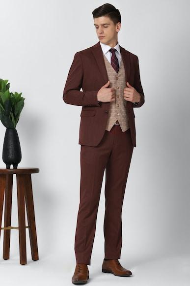 men maroon textured slim fit wedding three piece suit