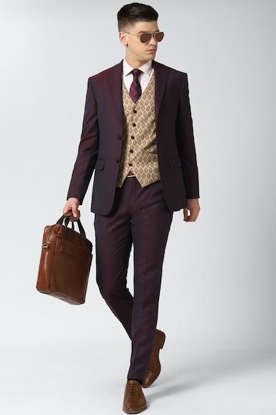 men maroon textured slim fit wedding three piece suit