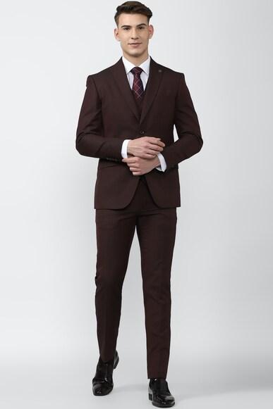 men maroon textured slim fit wedding three piece suit