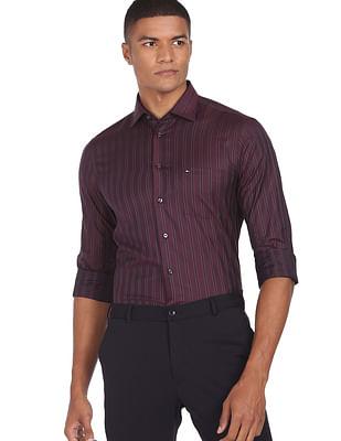 men maroon vertical stripe dobby weave casual shirt