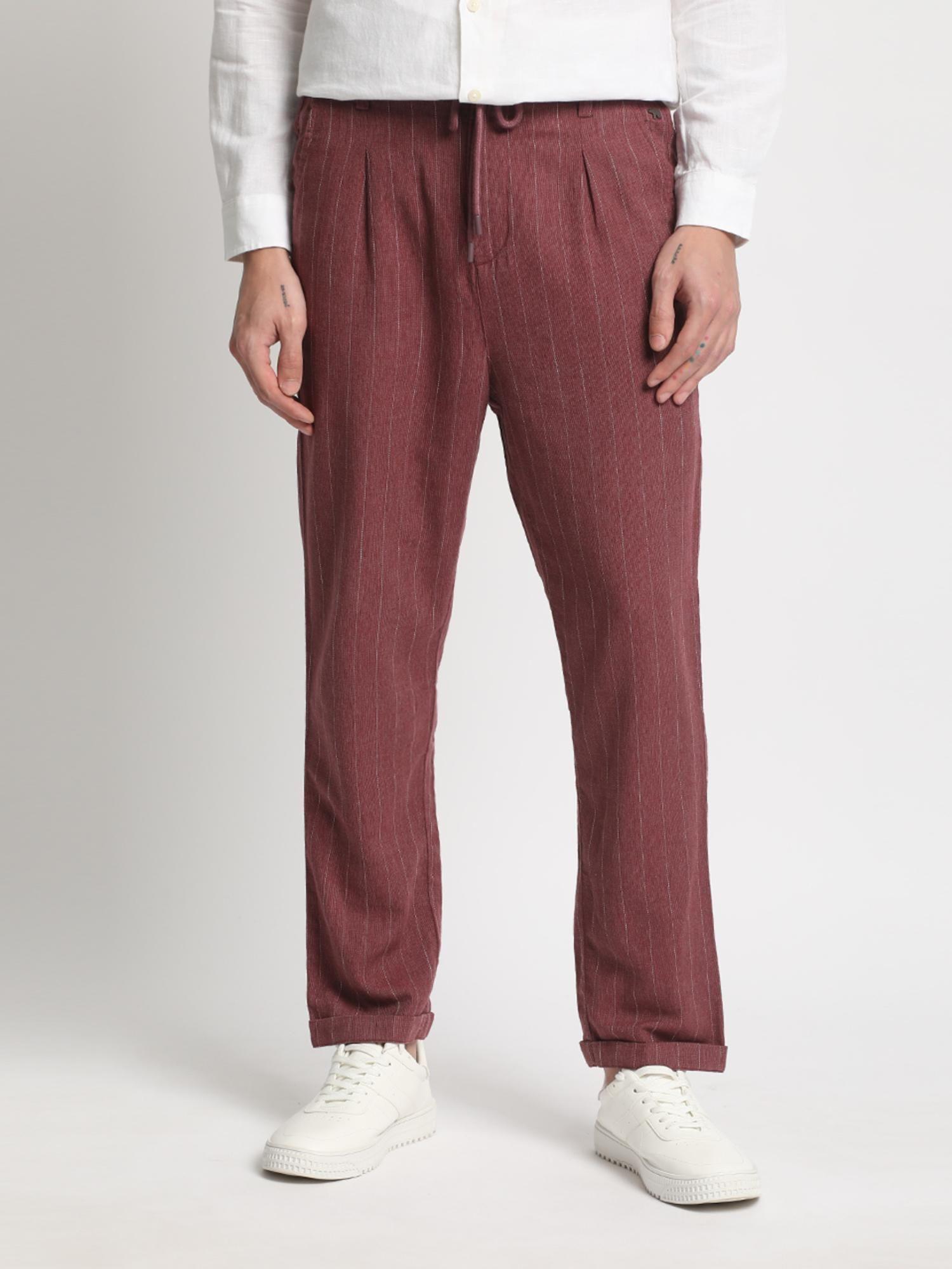 men maroon vertical stripes tapered slim fit chinos