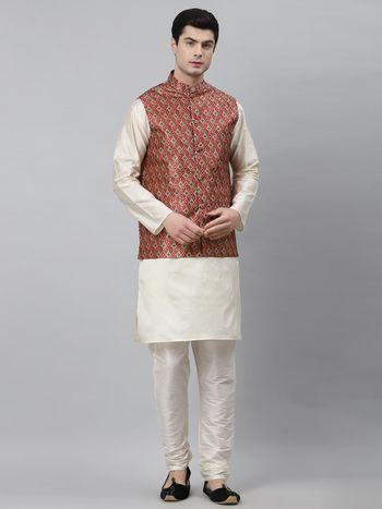 men maroon white patola print dupion silk waistcoat and kurta pajama (set of 3)