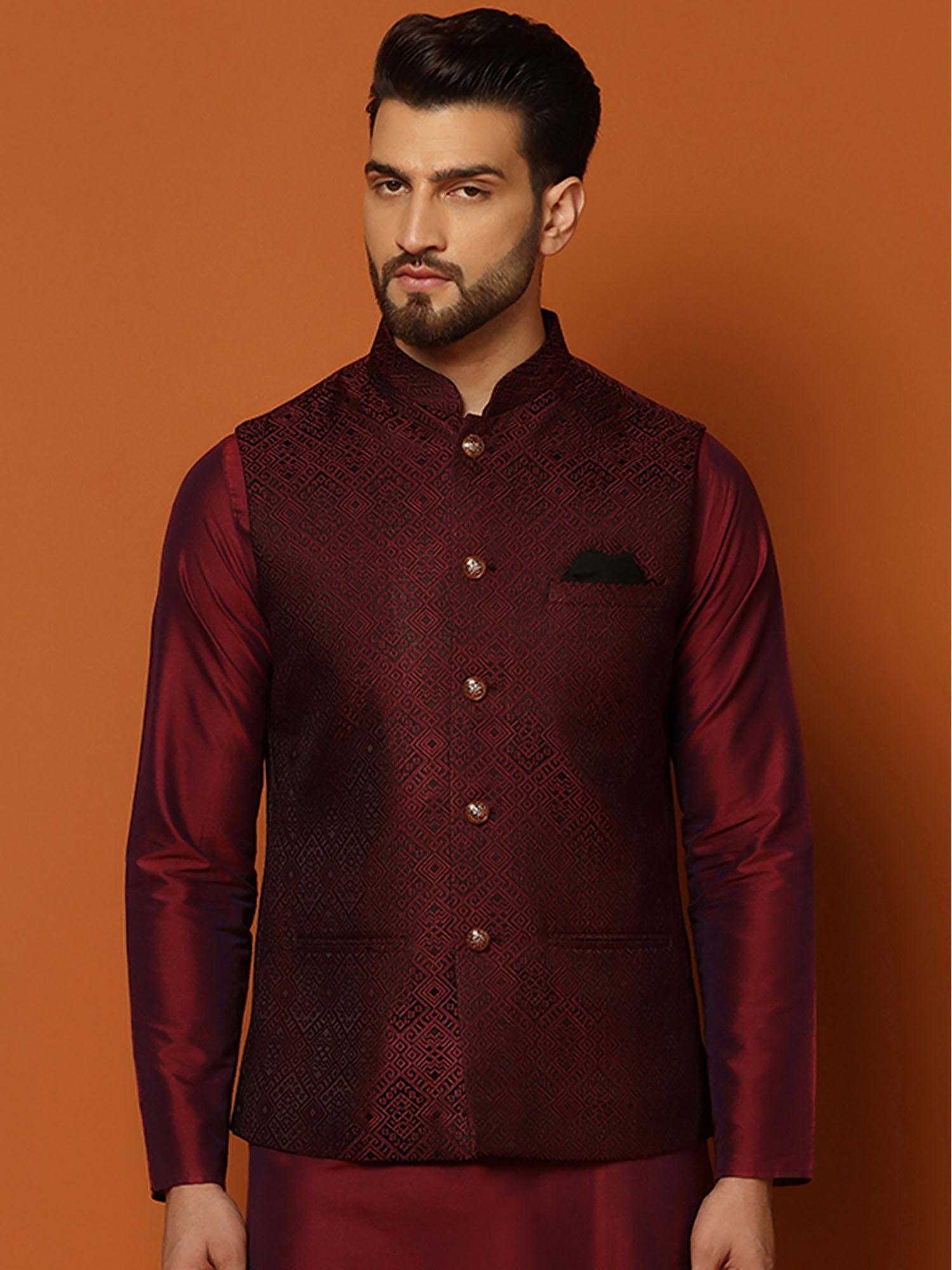 men maroon woven nehru jacket