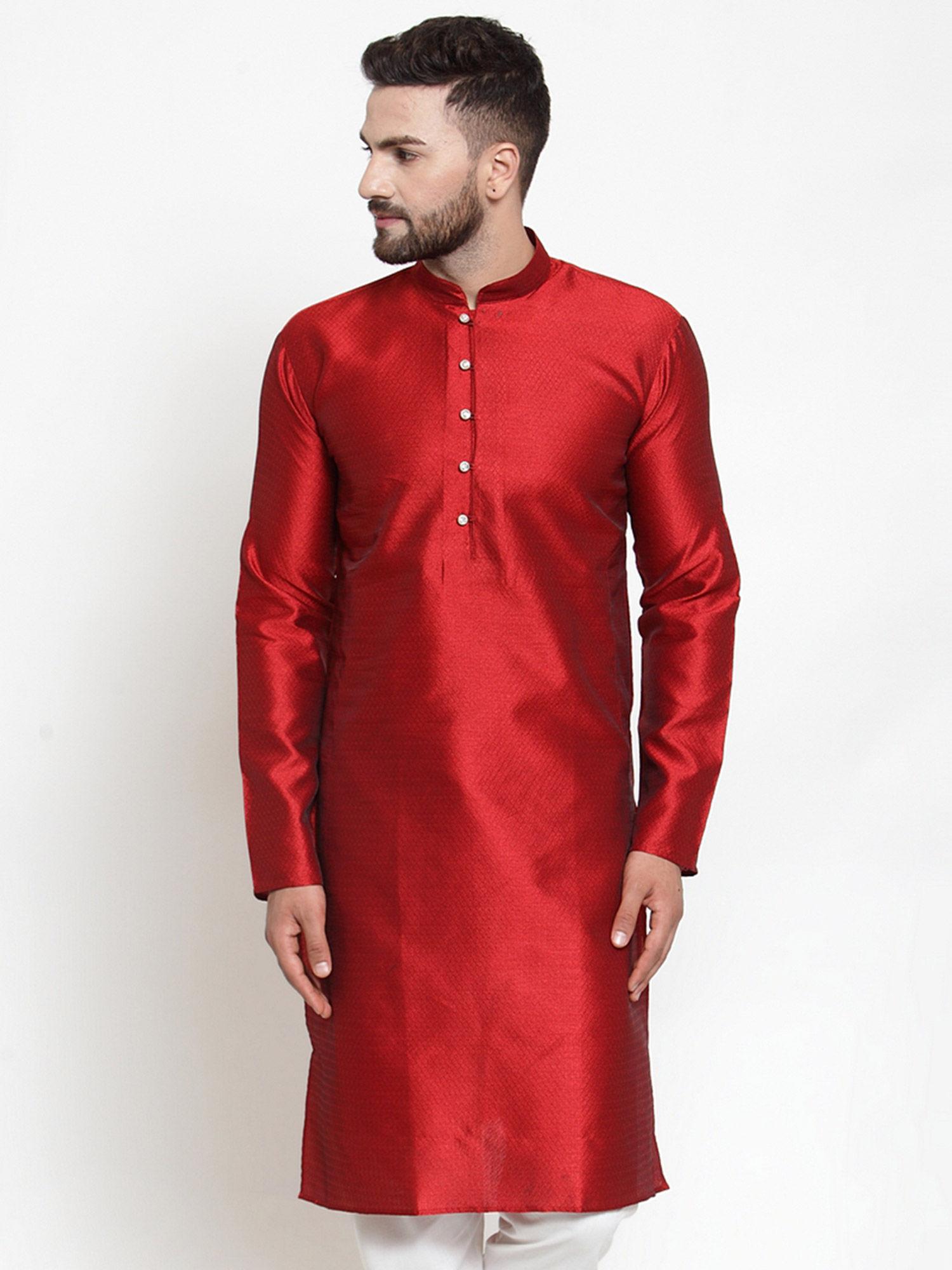 men maroon yellow & white self design kurtas