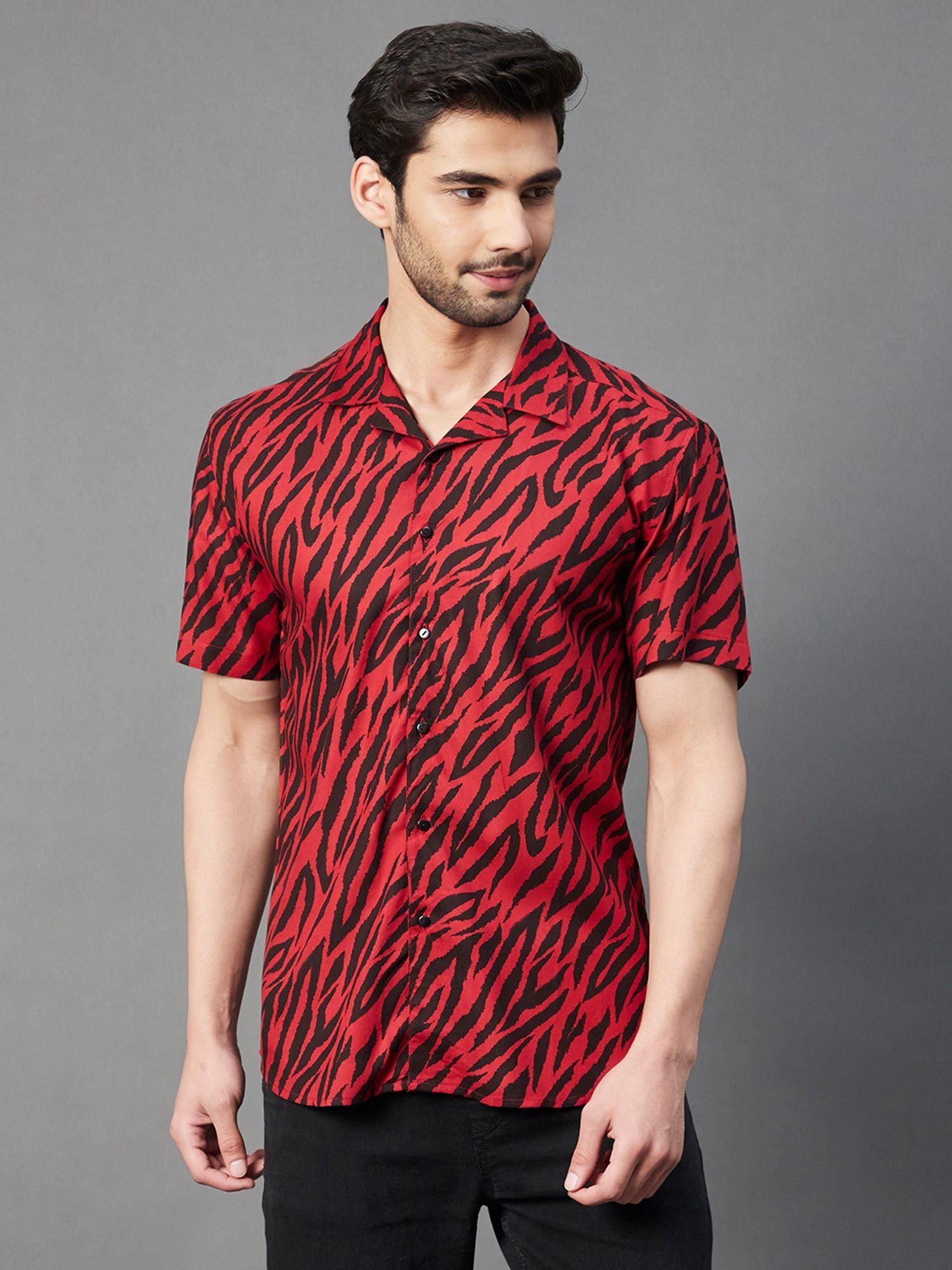 men maroon zebra printed cuban collar half sleeve rayon shirt