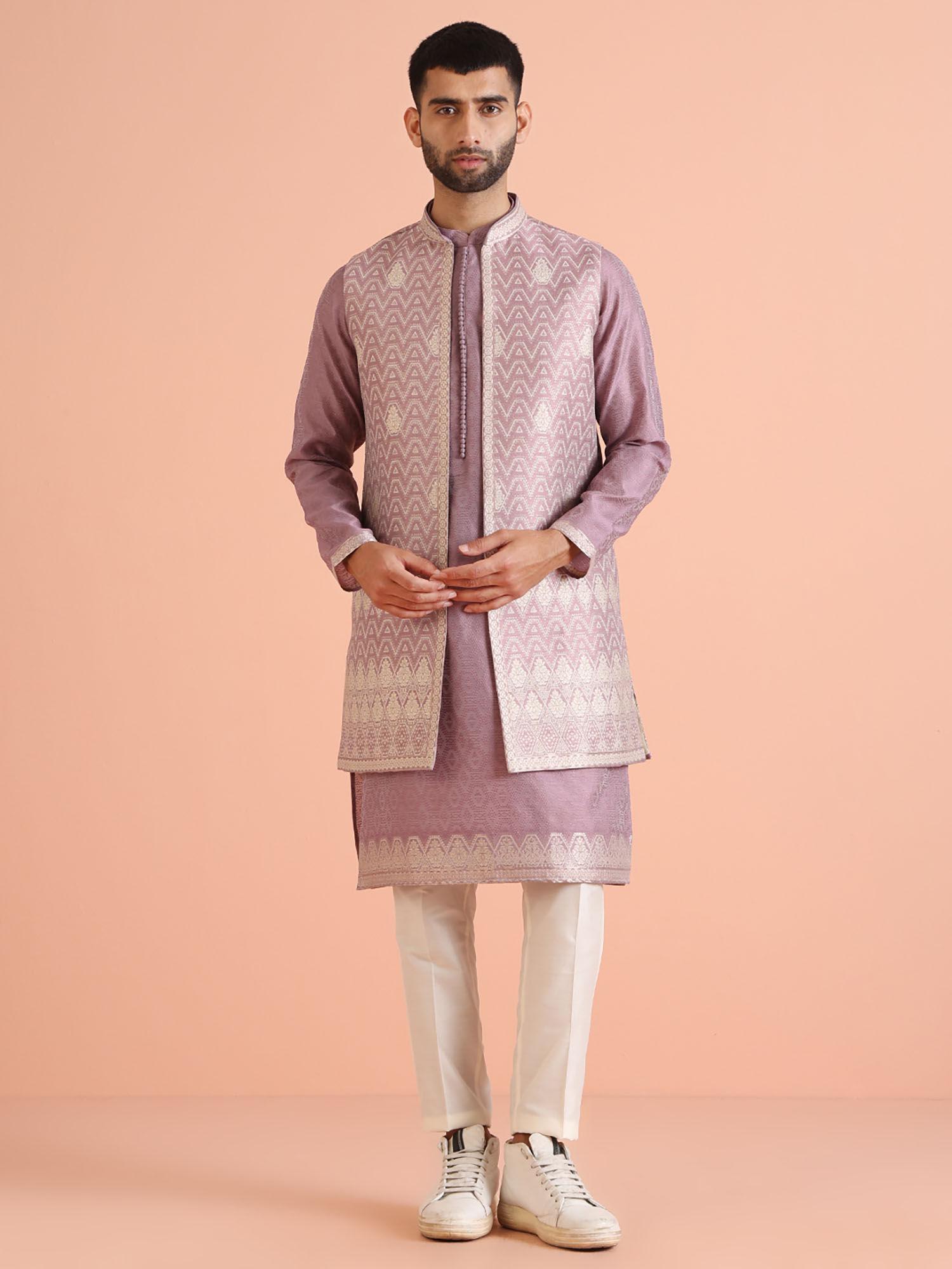 men mauve kurta and jacket with pant (set of 3)