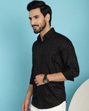 men micro print regular fit shirt with patch pocket