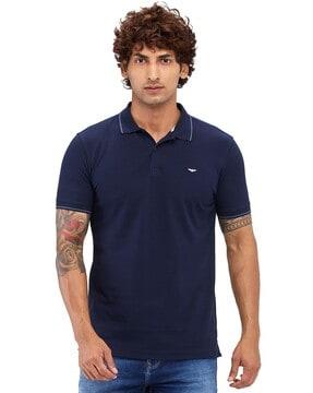 men micro print slim fit polo t-shirt with collar neck