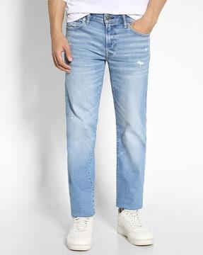 men mid- wash distressed straight fit jeans