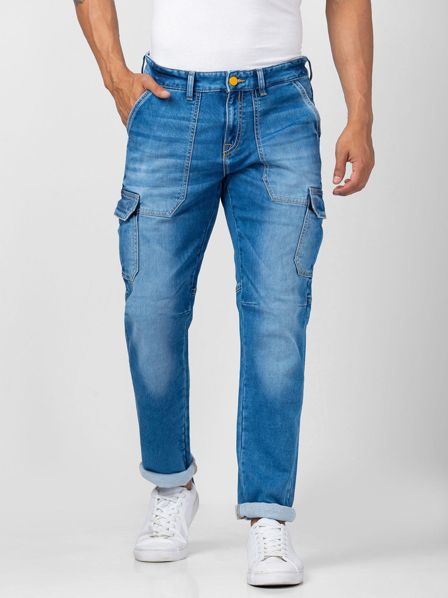 men mid blue cotton comfort fit narrow length jeans (trooper fit)