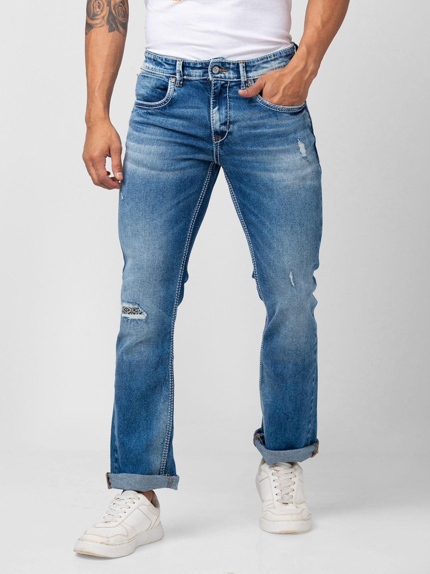men mid blue cotton comfort fit regular length jeans (rafter)