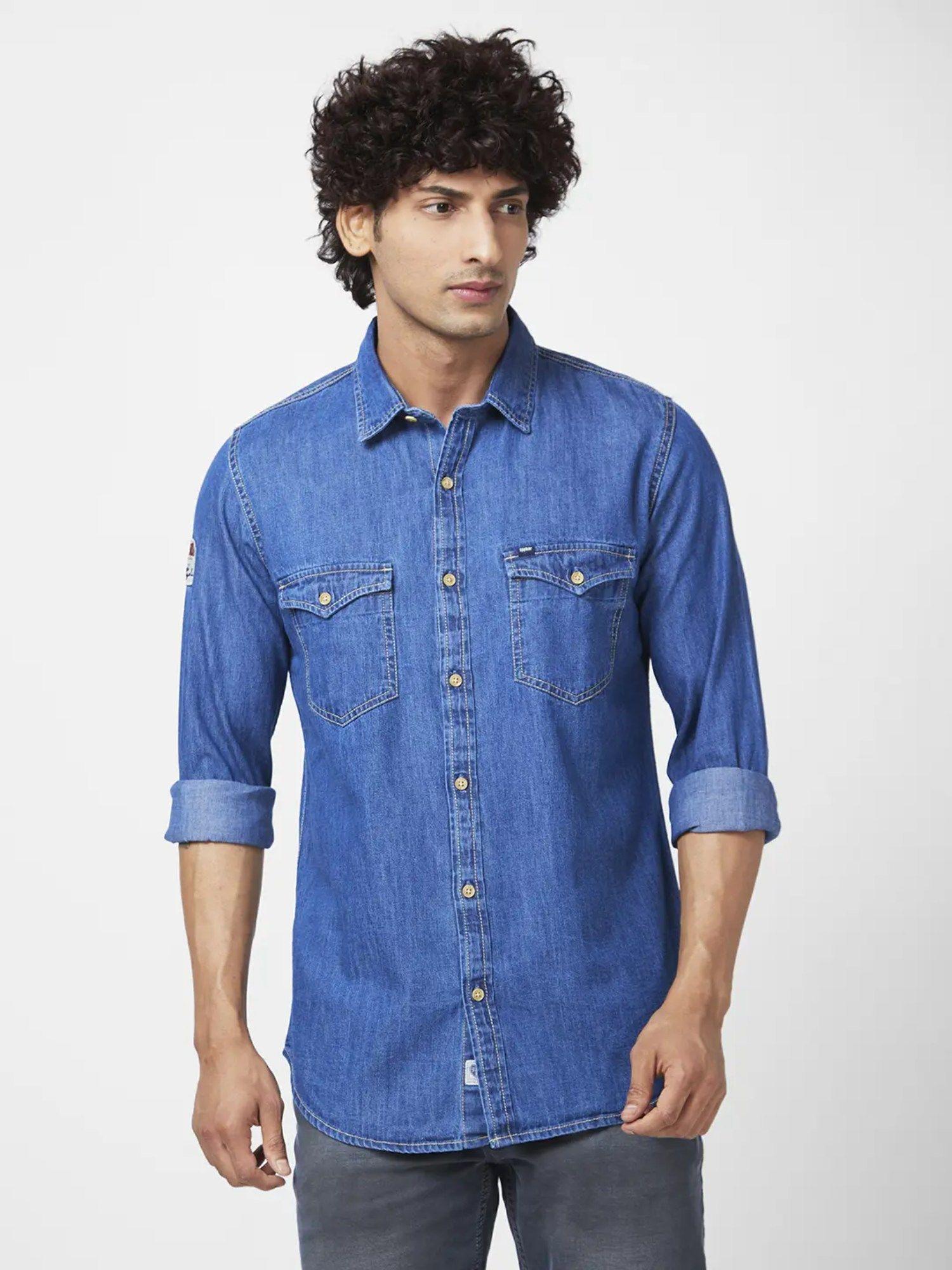 men mid blue cotton regular slim fit full sleeve casual denim shirt