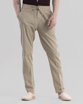 men mid-rise slim fit pants with drawstring waist