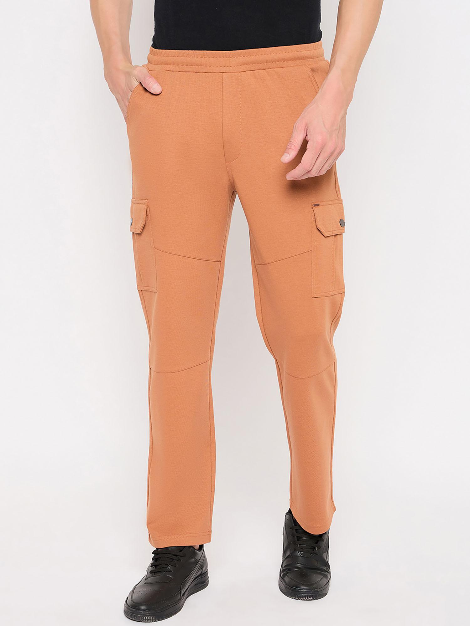 men mid waist cotton solid rust track pant