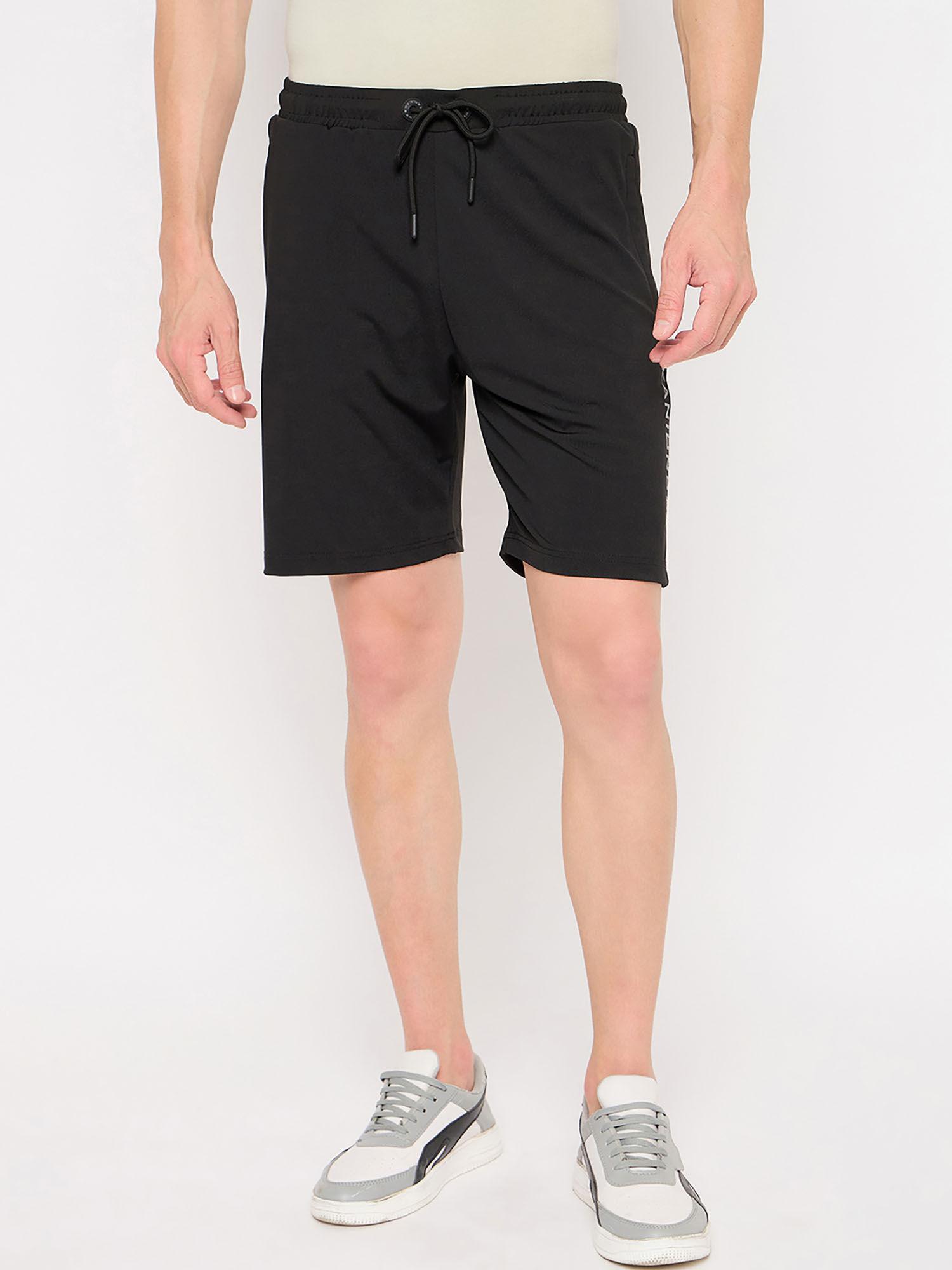 men mid waist polyester solid black shorts