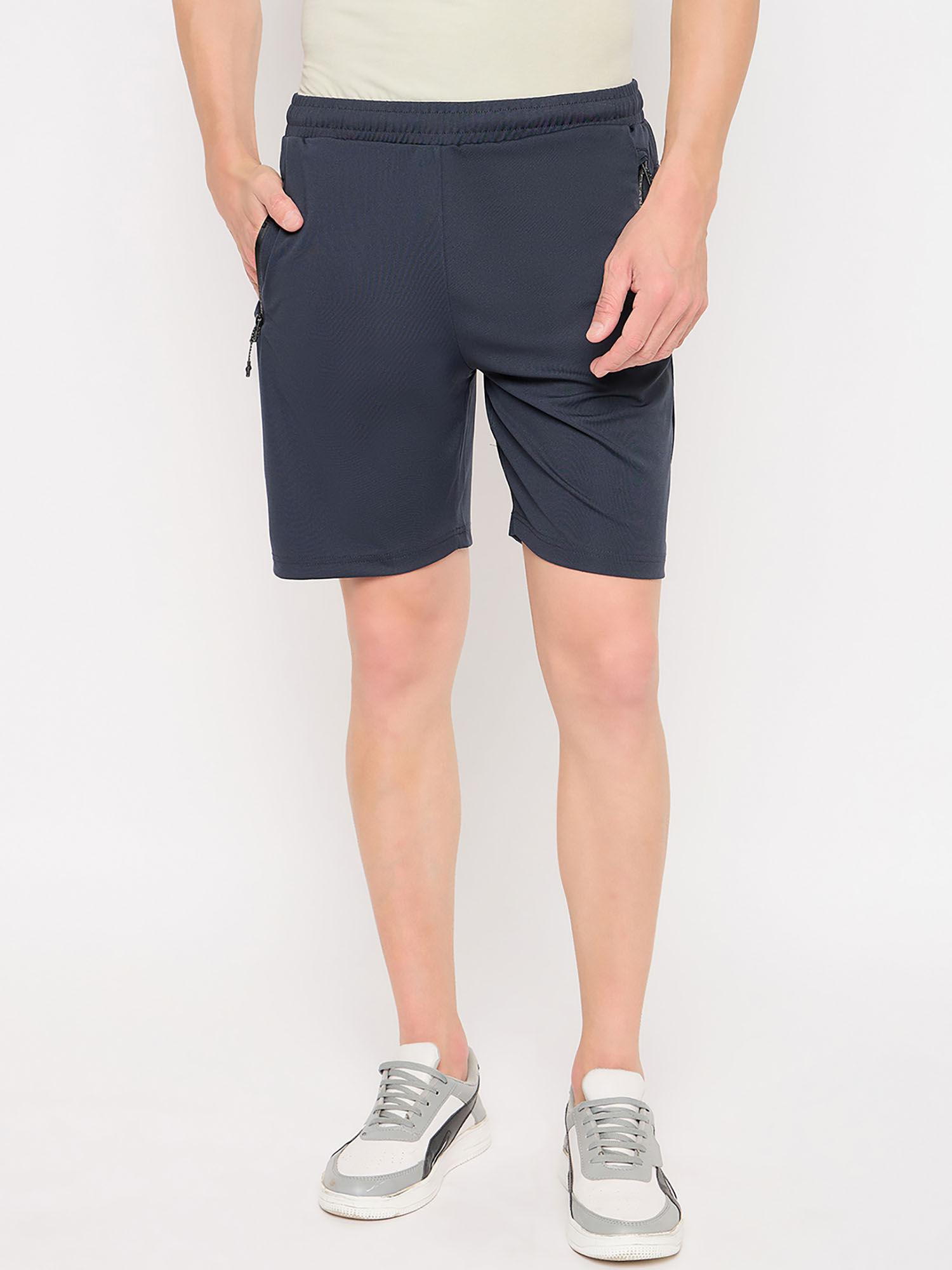 men mid waist polyester solid navy blue shorts