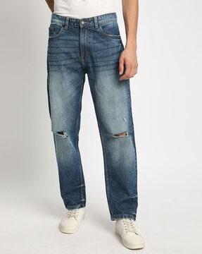 men mid-wash distressed relaxed fit jeans