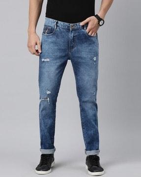 men mid-wash distressed slim fit jeans