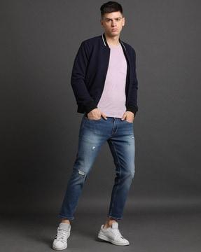 men mid-wash distressed slim fit jeans