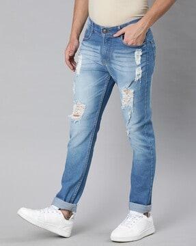 men mid-wash distressed slim fit jeans