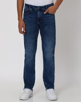 men mid-wash relaxed fit straight fit jeans