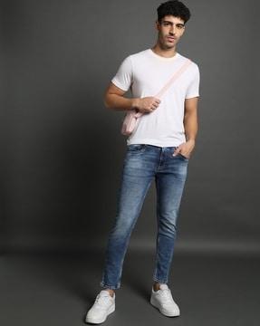 men mid-wash skinny fit cropped jeans