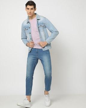 men mid-wash slim fit distressed jeans