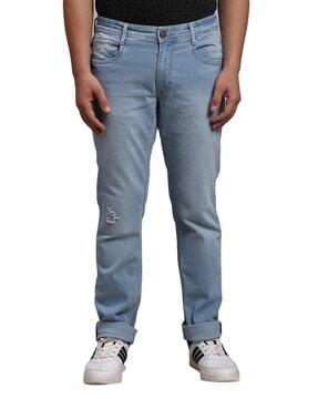 men mid-wash slim fit distressed jeans