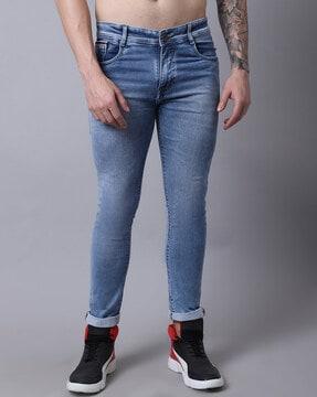 men mid-wash slim fit jeans