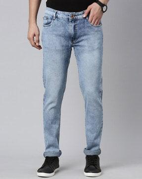 men mid-wash slim fit jeans