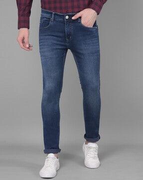 men mid-wash slim fit jeans